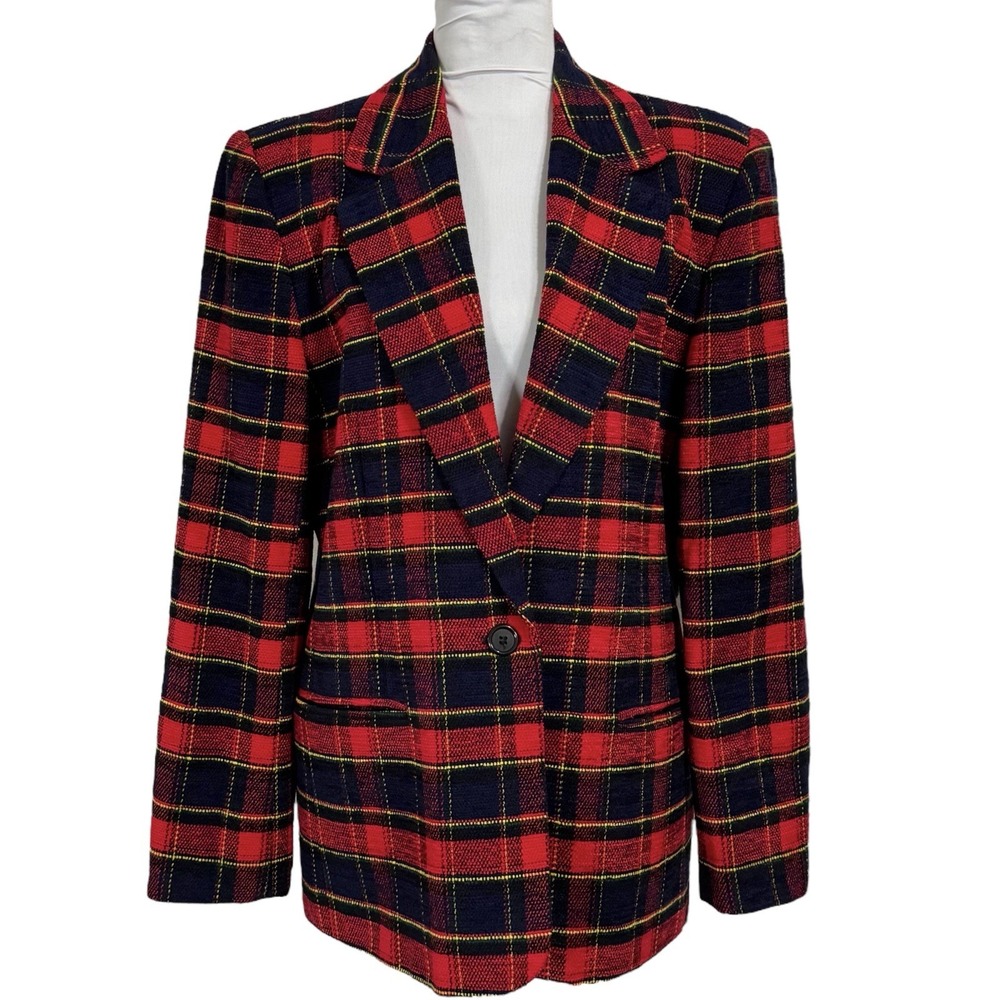 Vintage 90s Plaid Power Blazer Size 14 Res Blue Tartan Longline Academia Work